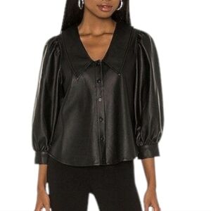 Pistola Pleather 3/4 Puff Sleeve Button Up Top Black Large